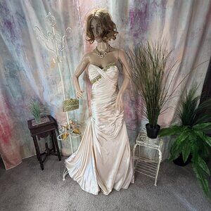📌Night Moves Stunning Gold Beaded Rushed Prom - Pageant - Formal Gown w/ Train